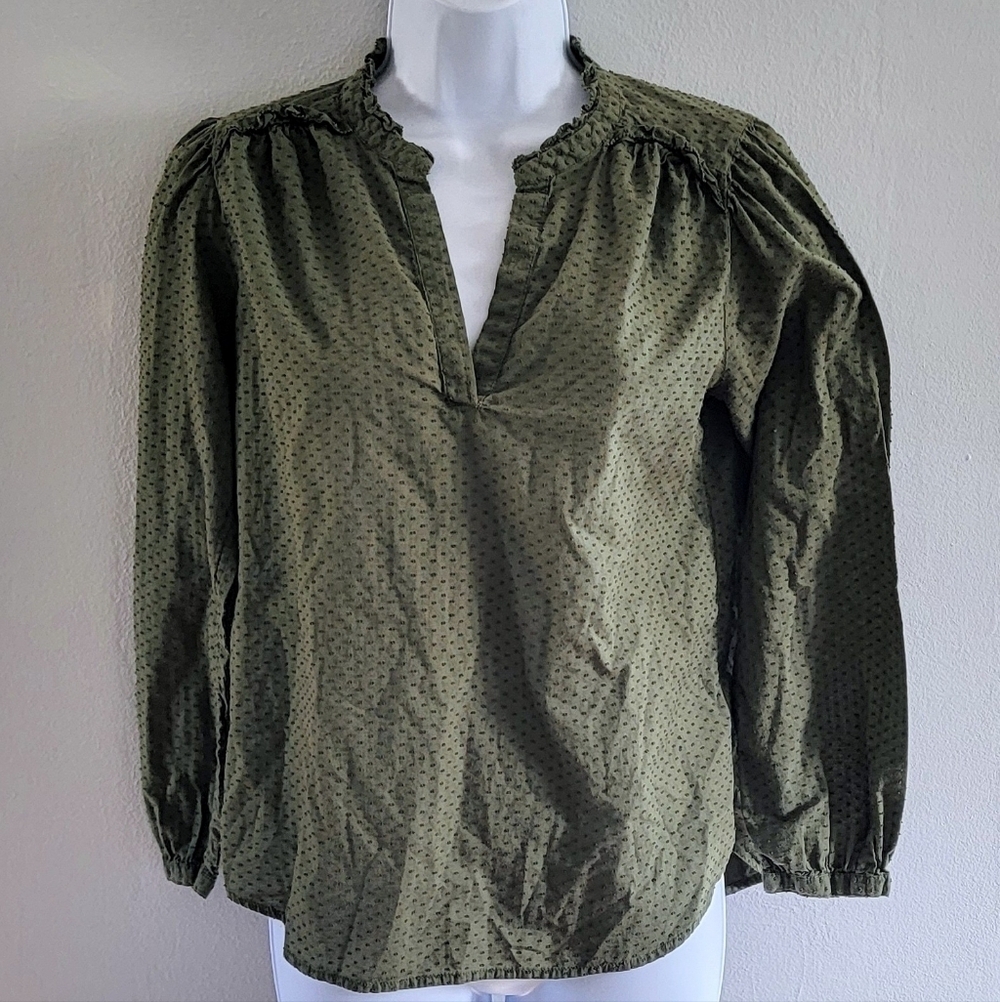 XS J Crew 100% Cotton Cottagecore Forest Fairy Boho Peasant Swiss Dots Olive